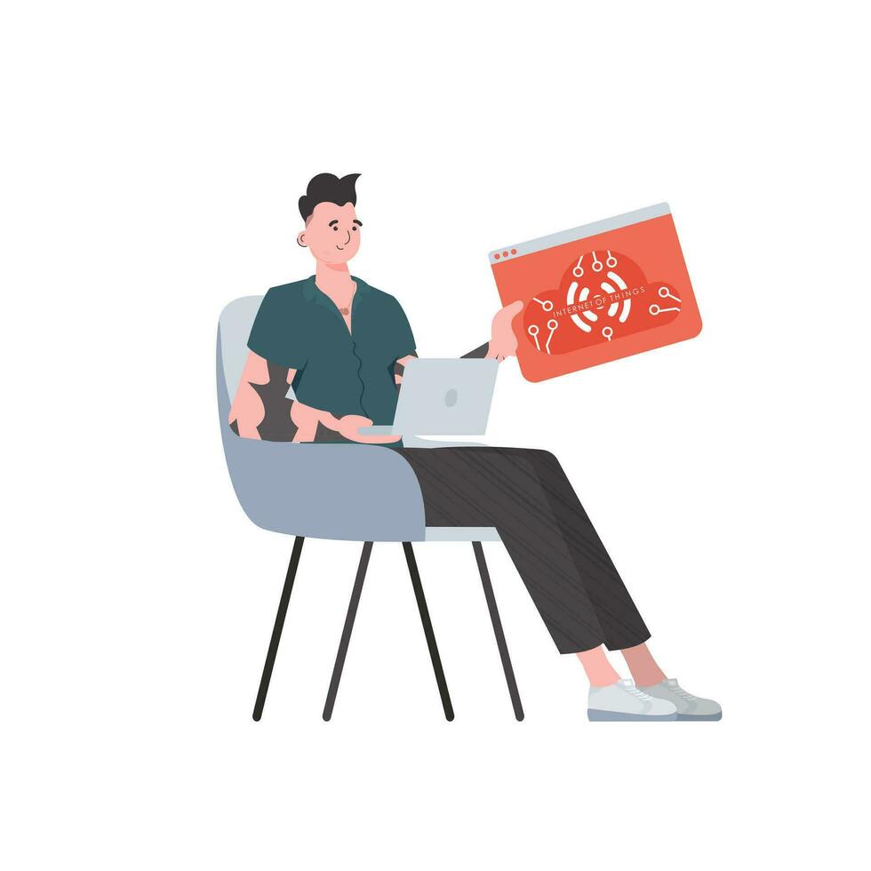 une homme détient un iot logo dans le sien mains. l'Internet de des choses concept. isolé. vecteur illustration dans branché plat style.