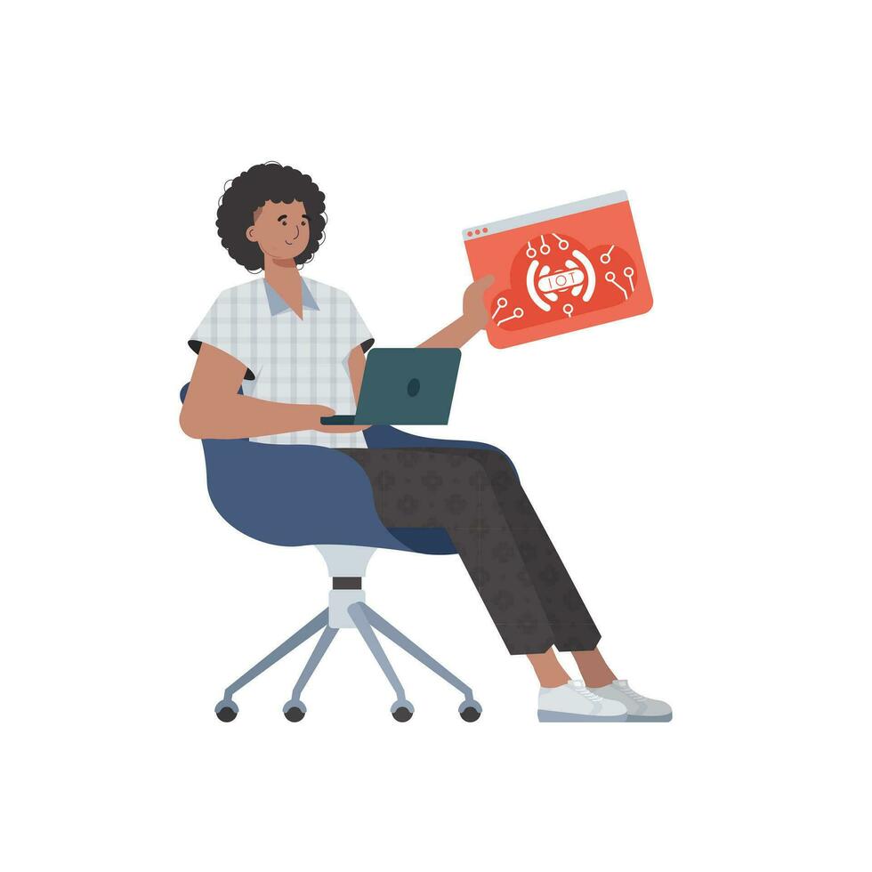 une homme détient un iot logo dans le sien mains. l'Internet de des choses concept. isolé. branché plat style. vecteur illustration.