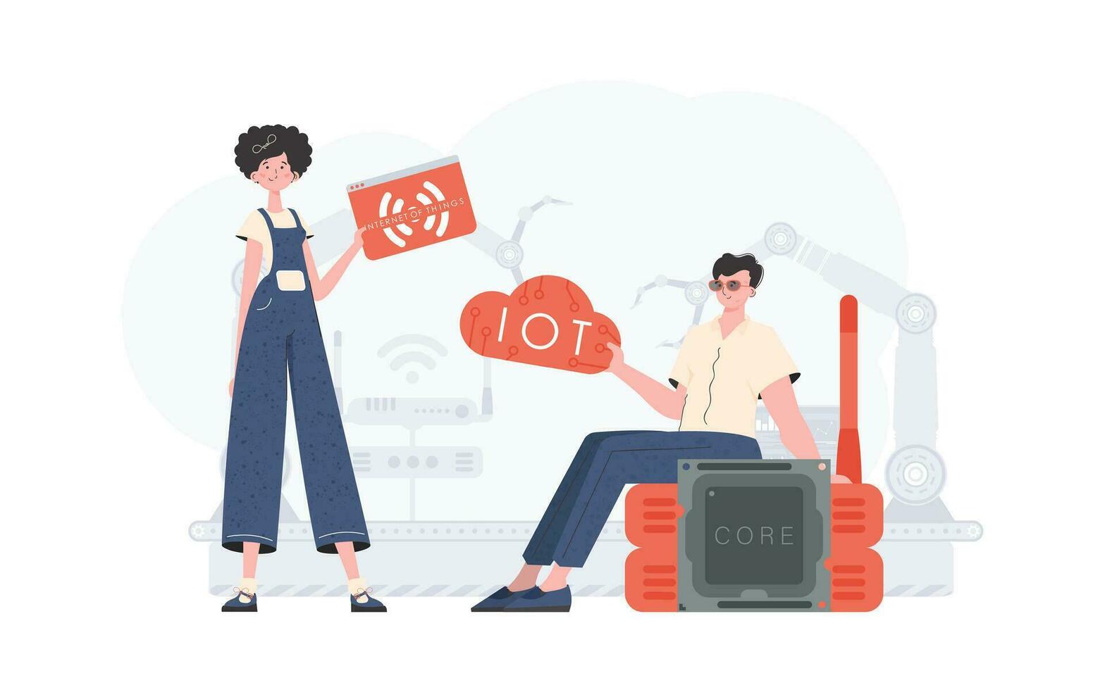 une homme et une femme sont une équipe dans le champ de le l'Internet de choses. l'Internet de des choses et automatisation concept. bien pour présentations et sites Internet. vecteur illustration.