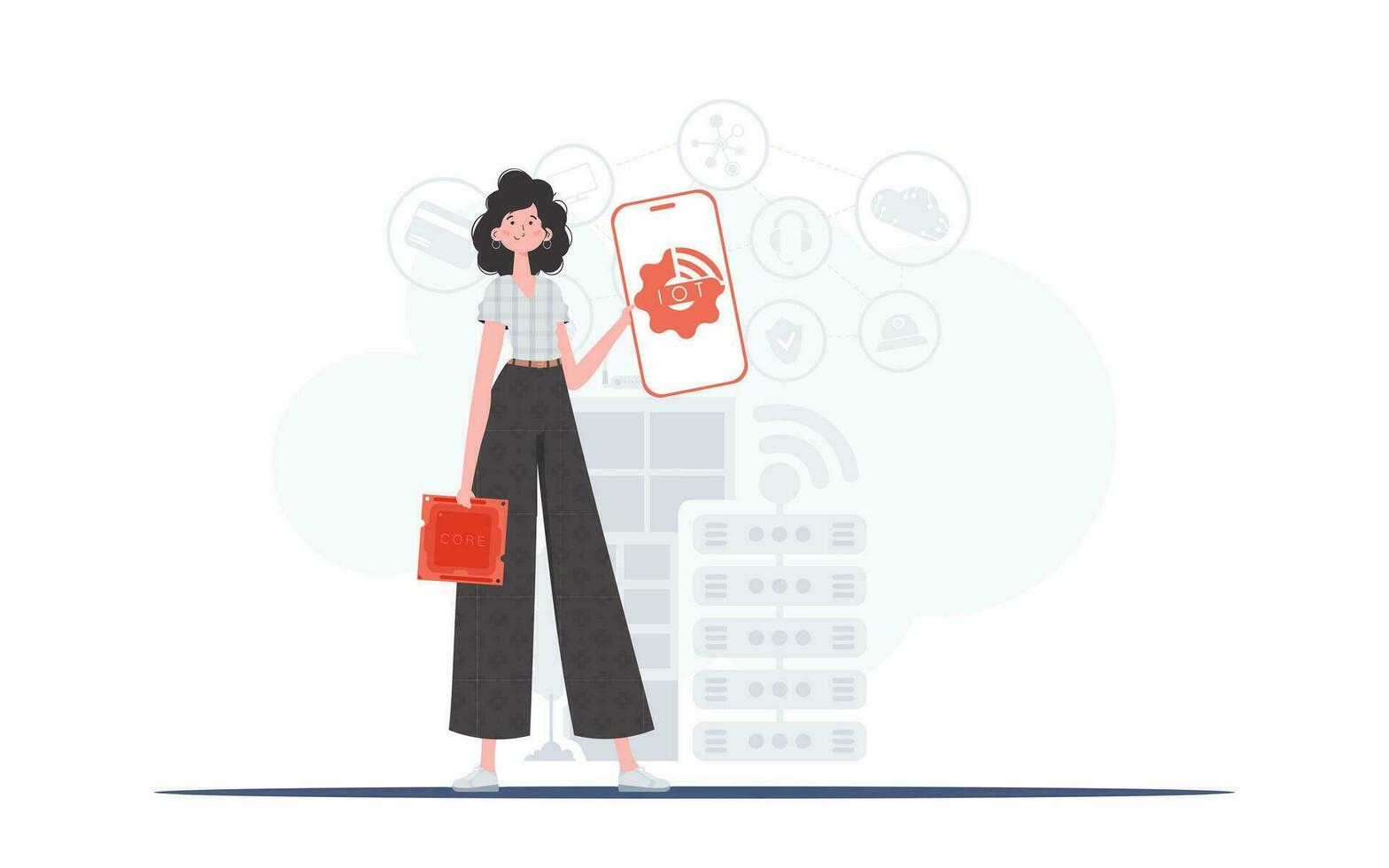 iot concept. une femme détient une téléphone avec le iot logo dans sa mains. vecteur illustration dans branché plat style.