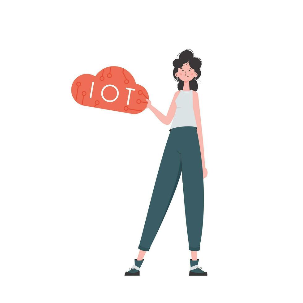 le fille détient le iot logo dans sa mains. l'Internet de des choses concept. isolé. branché plat style. vecteur illustration.