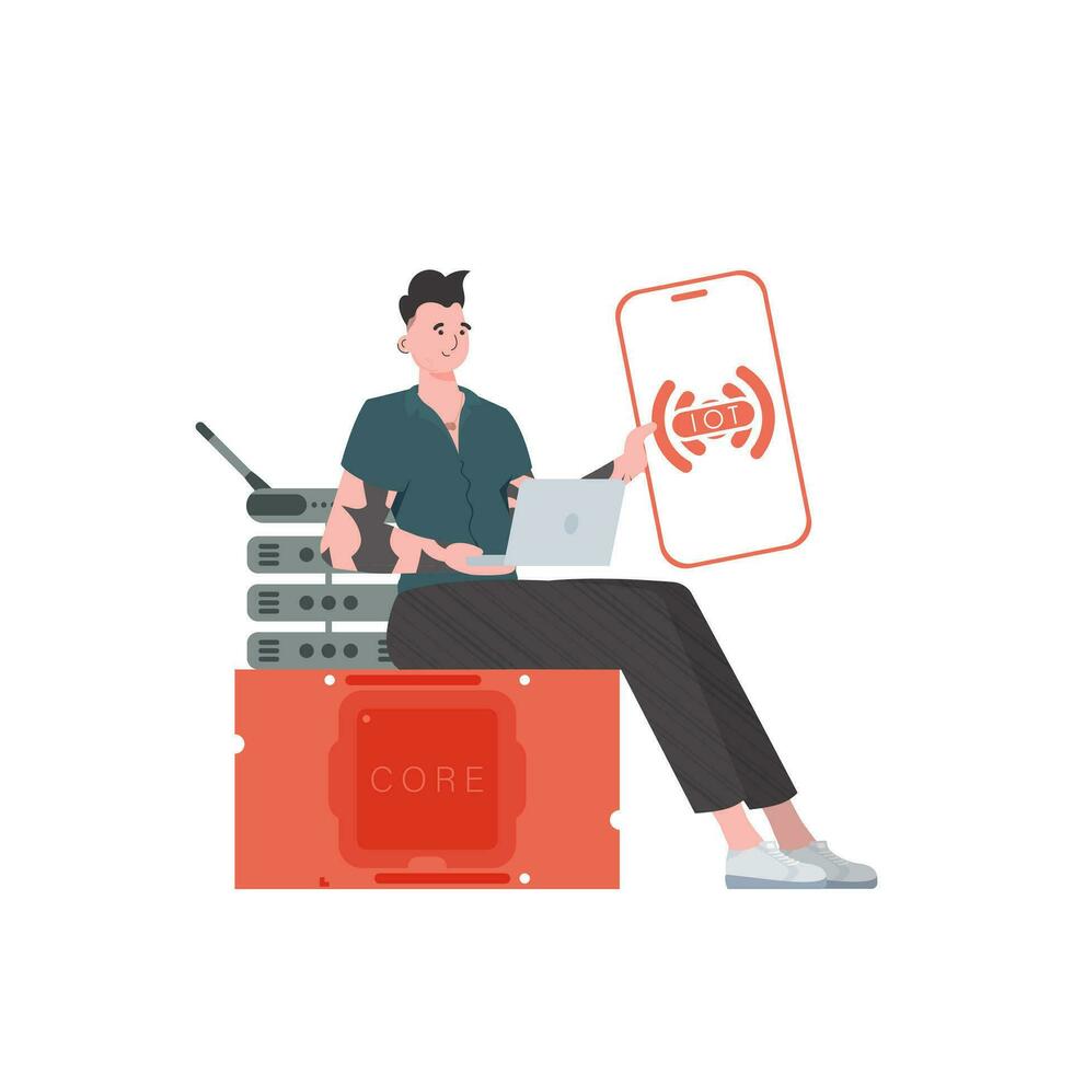 une homme détient une téléphone avec le iot logo dans le sien mains. l'Internet de des choses concept. vecteur illustration dans branché plat style.