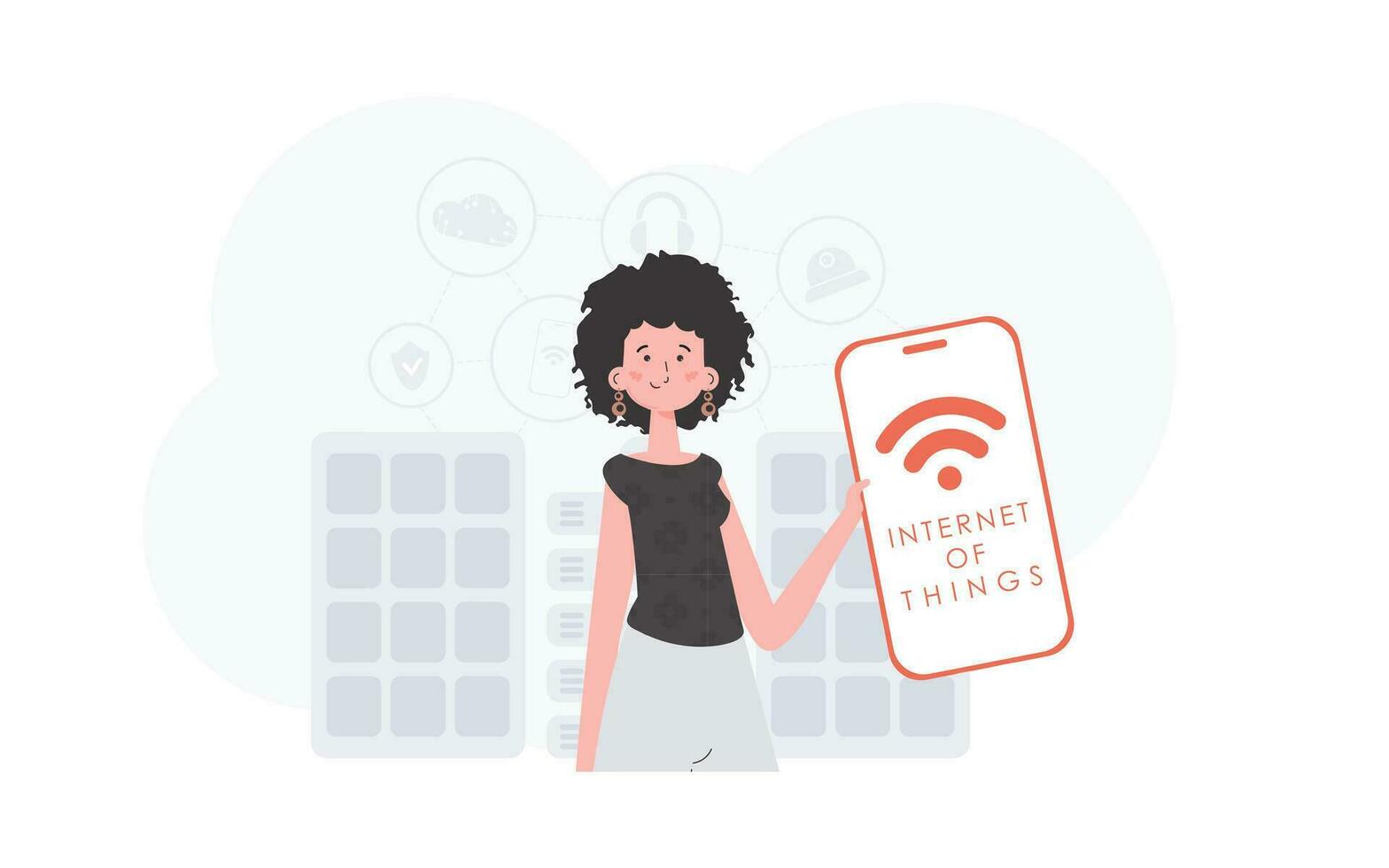 iot concept. le fille est en portant une téléphone avec le iot logo dans sa mains. vecteur illustration dans plat style.