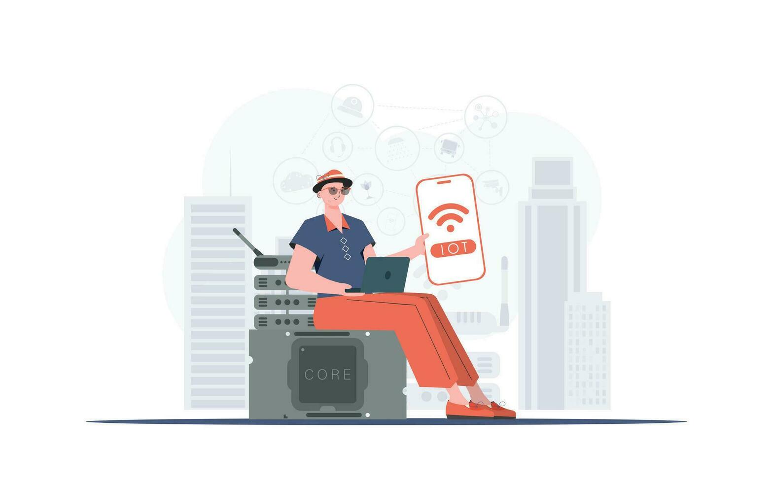 l'Internet de des choses concept. le gars est en portant une téléphone avec le iot logo dans le sien mains. branché plat style. vecteur illustration.