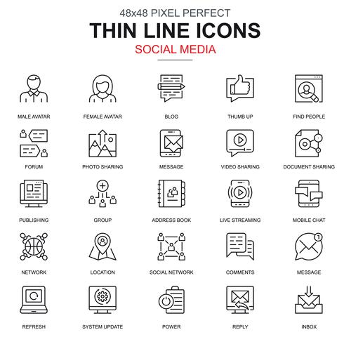 Thin line marketing internet et jeu d'icônes de réseaux sociaux vecteur