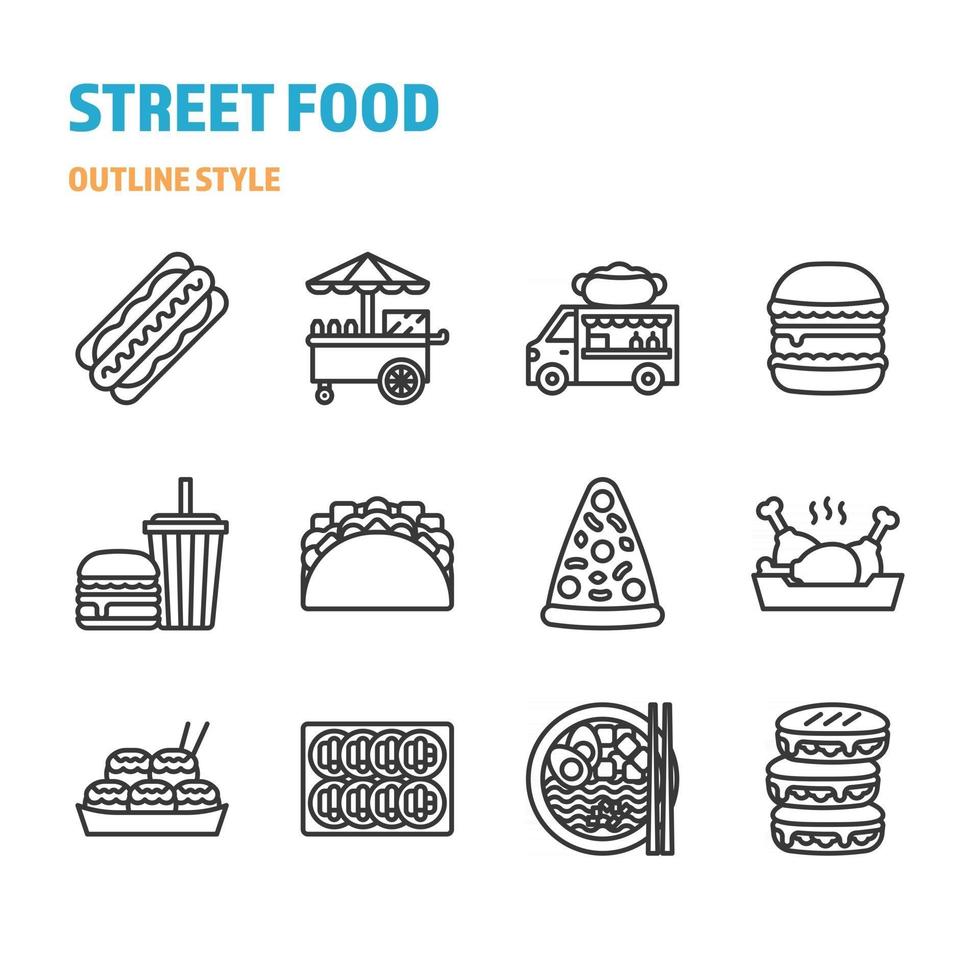 nourriture de rue dans l'ensemble d'icônes et de symboles de contour vecteur
