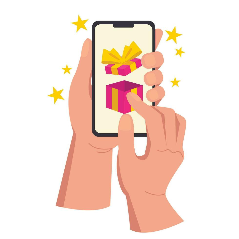 illustration de deux mains en portant une téléphone avec une cadeau boîte. promotion, cadeau, prix. vecteur graphique.