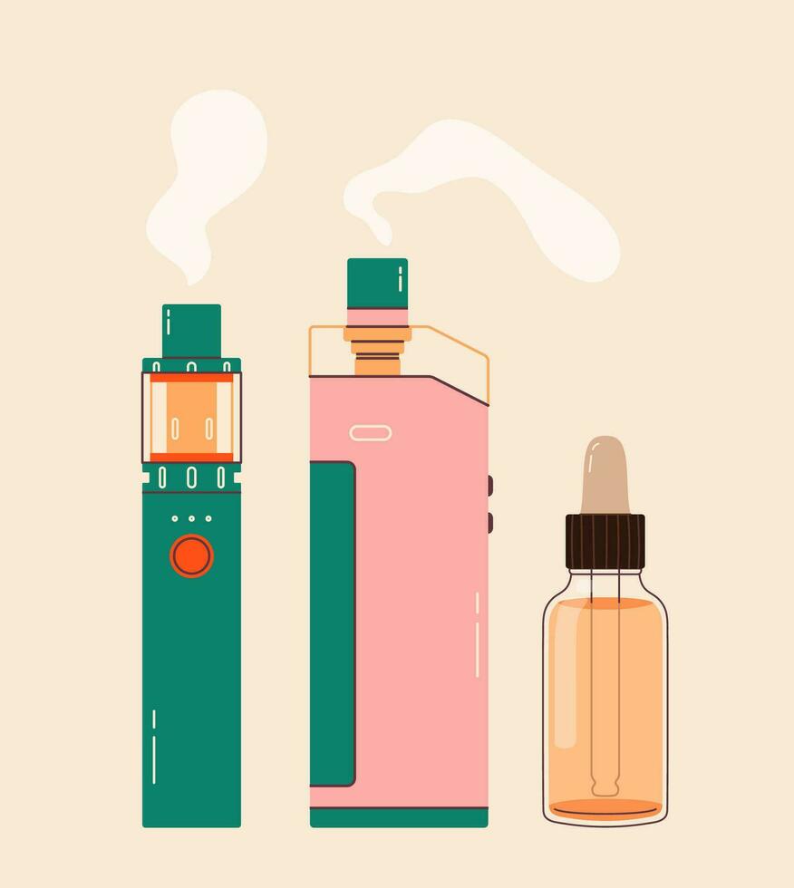 vape Trois éléments coloré ensemble. électronique cigarettes et vape ensemble. moderne vecteur illustration. variété de dessins vape des stylos et mains en portant cosse mods. plat vecteur conception pour la toile et imprimer.