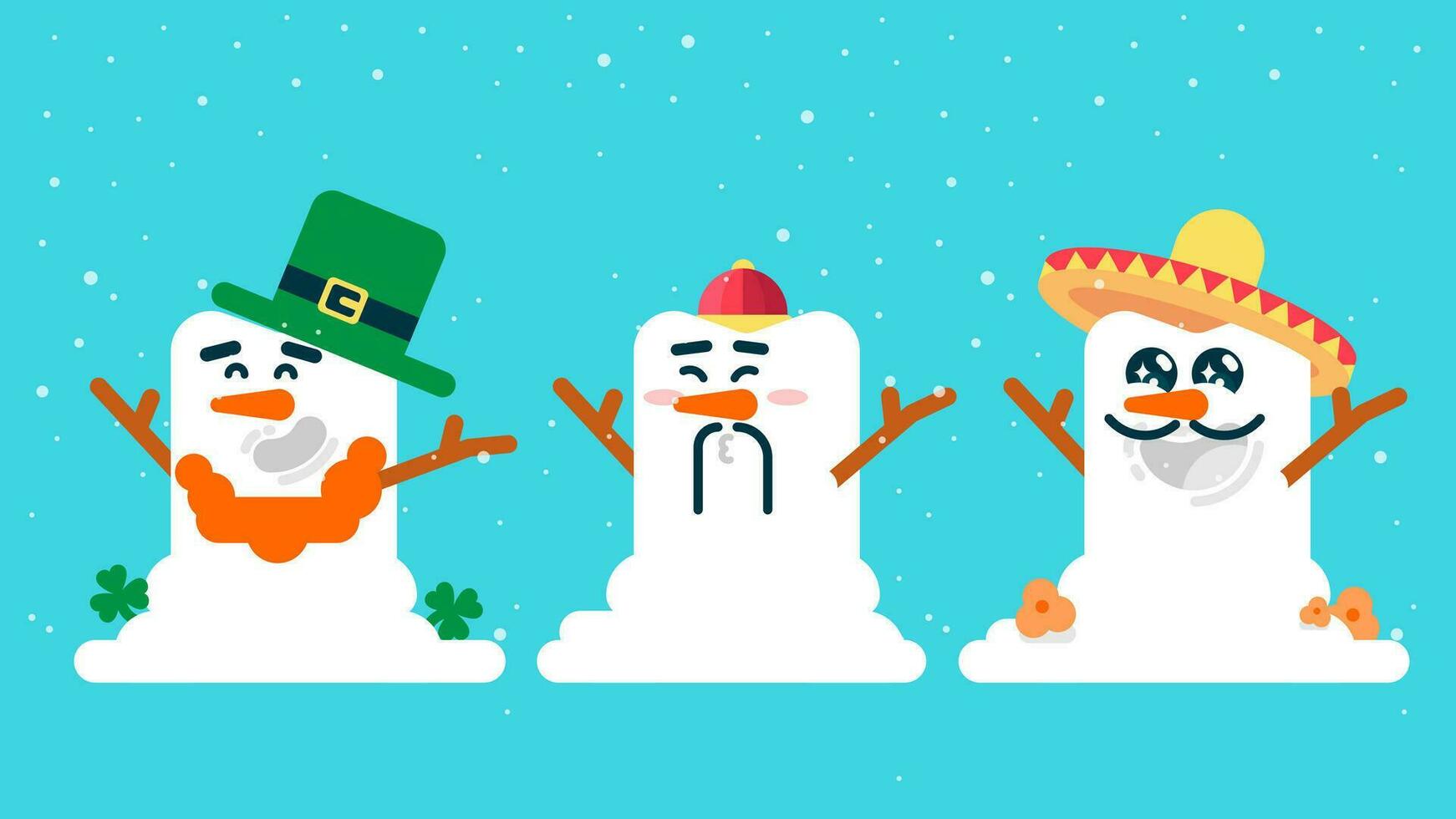 bonhomme de neige avec mexicain chapeau et moustache et carotte nez, porter chinois chapeau, mignonne bonhomme de neige porter Irlande chapeau avec vert trèfle, plat avatar vecteur