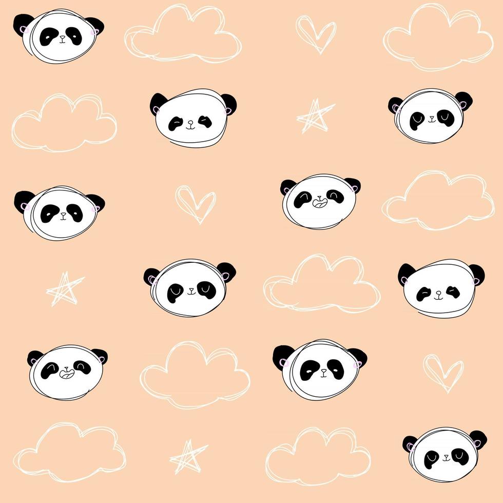 joli motif orange pastel avec ligne doodle panda avec nuages coeurs étoiles textiles de fond sans couture pour enfants minimalisme papier scrapbook pour enfants vecteur