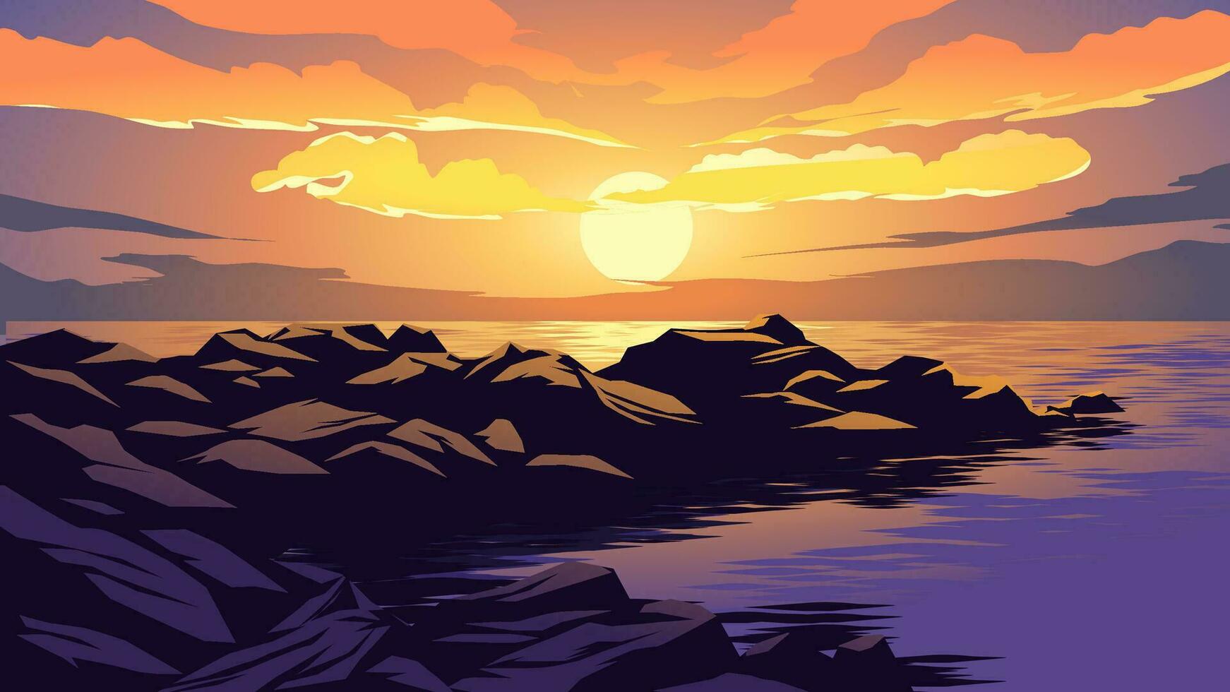 vecteur illustration de plage à crépuscule avec rochers