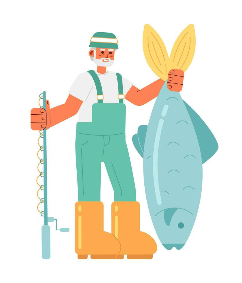 vieux pêcheur en portant gros poisson et pêche barre plat concept vecteur place illustration. de bonne humeur Sénior homme loisir 2d dessin animé personnage sur blanc pour la toile ui conception. isolé modifiable Créatif héros image