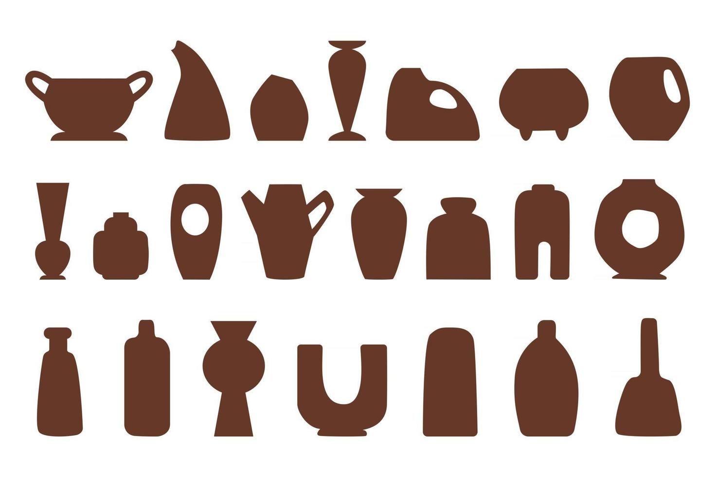 vases de poterie silhouette de collection de formes diverses isolée sur fond blanc. illustration vectorielle à plat. conception pour modèle, logo, carte, textile, invitations, blogs, festival, t-shirts vecteur