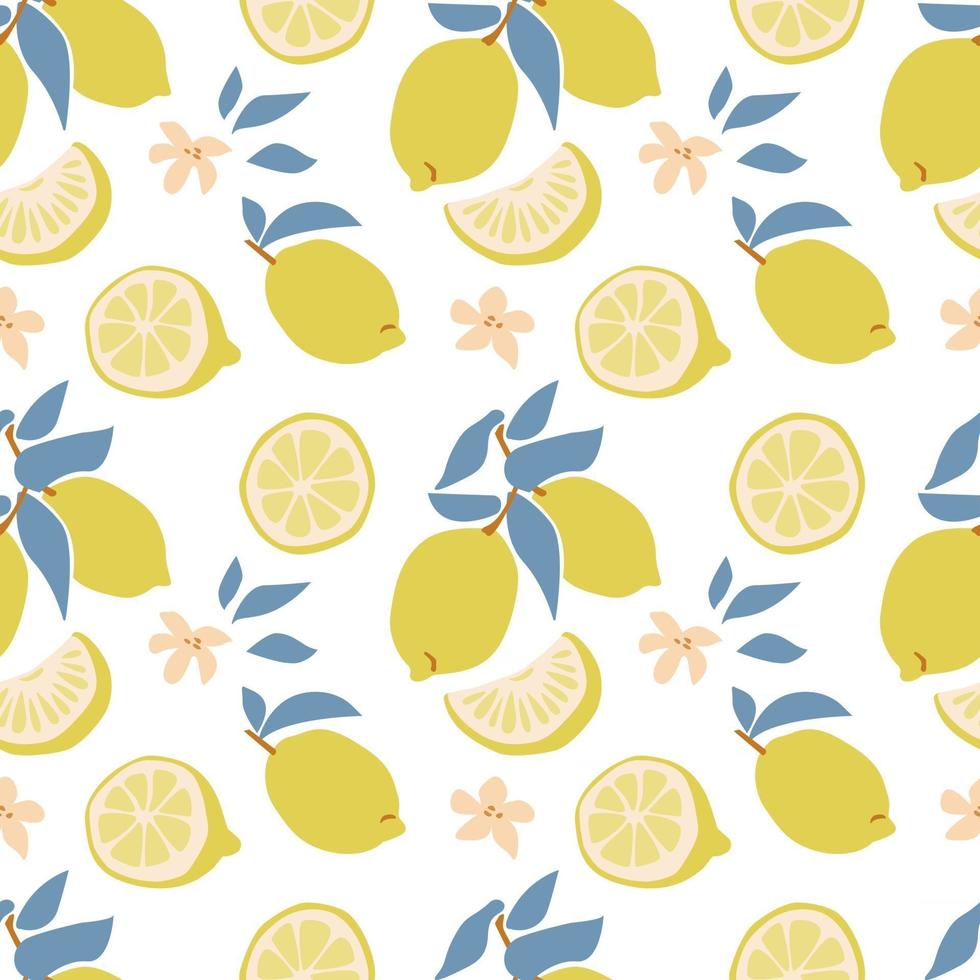 modèle sans couture de citron jaune de fruits frais avec feuille verte, fleur, tranche dans le style de dessin à la main isolé sur fond blanc. vecteur plat illustration.design pour textile, papier peint, emballage