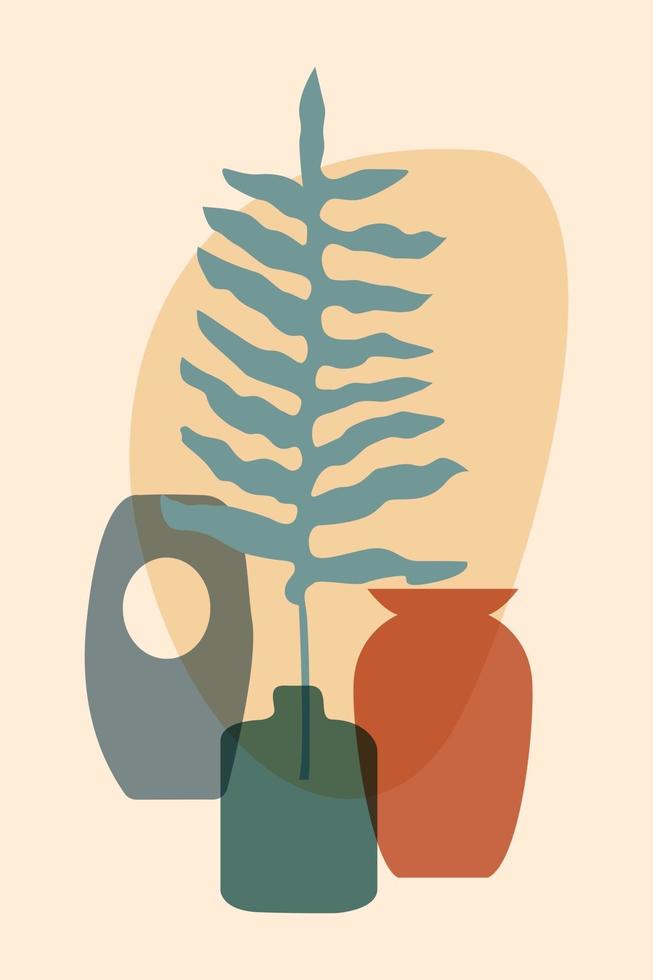 Feuille de plante tropicale boho abstraite dessinée à la main avec des vases colorés et forme isolée sur fond beige. illustration vectorielle à plat. conception de modèle, logo, affiches, invitation, carte de voeux vecteur