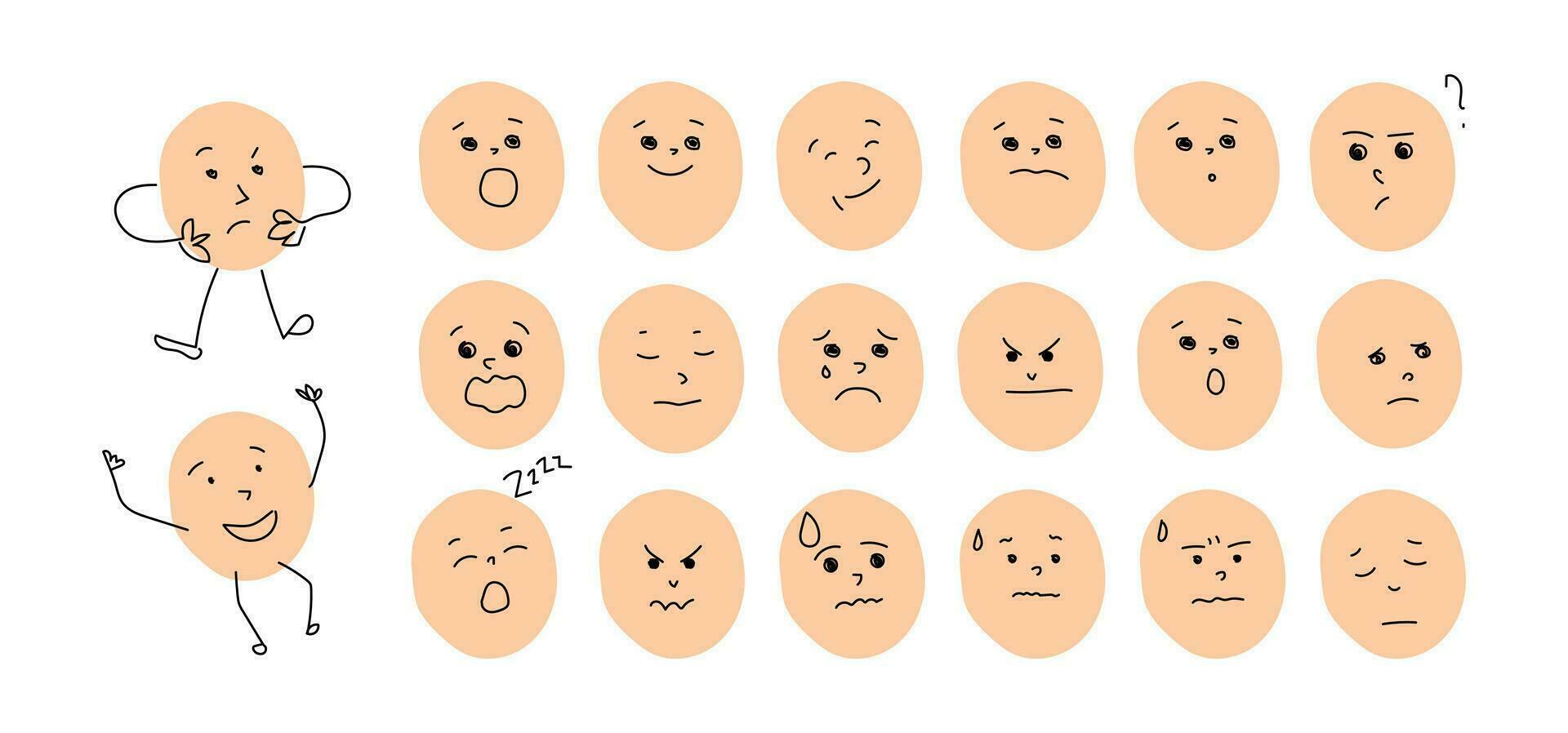 dessin animé Humain visages avec diverse émotions. les enfants visage illustration avec différent sentiments. gens faciale expressions. émotions Icônes. vecteur