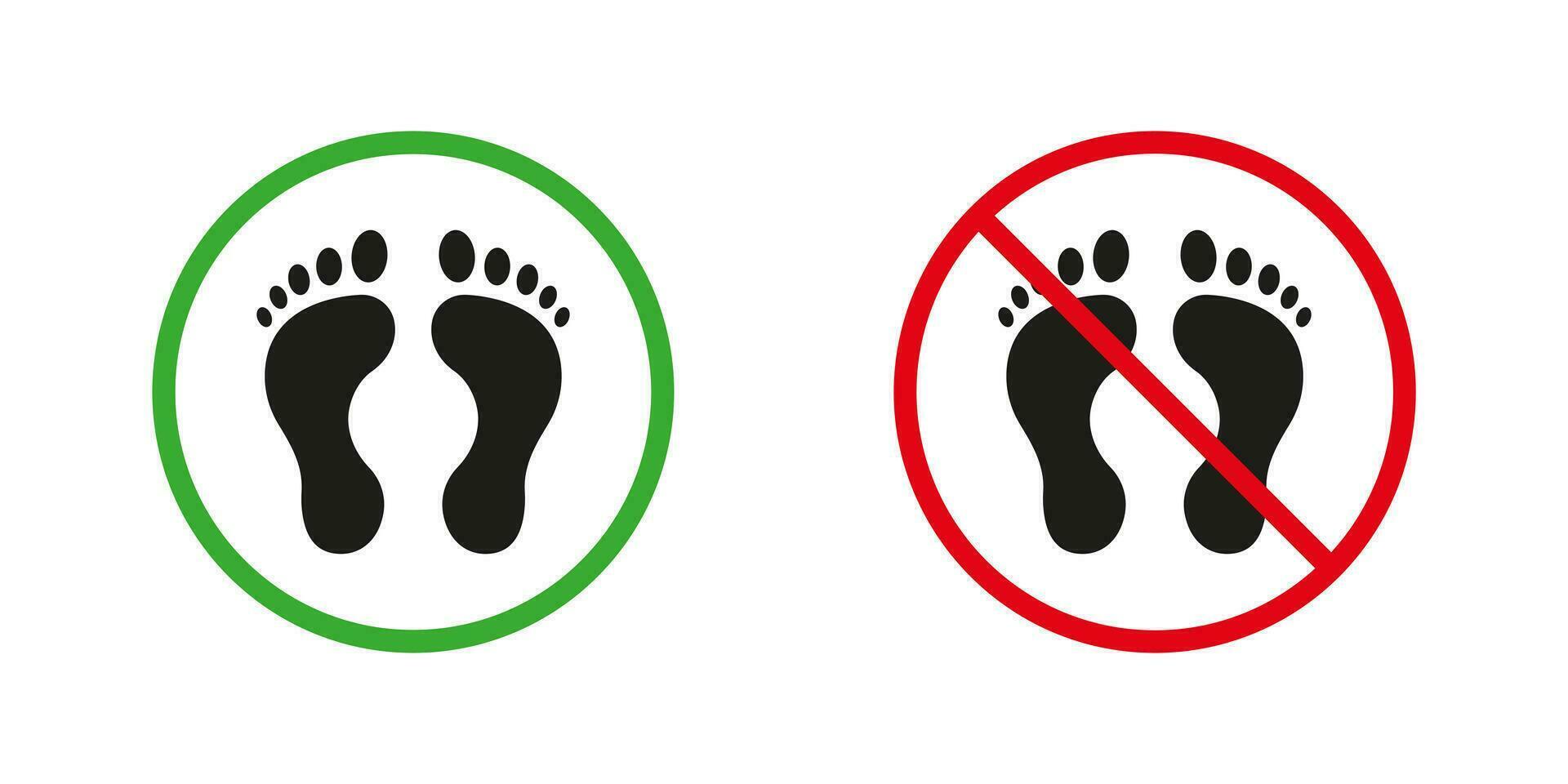 avertissement marcher pieds nus rouge et vert avertissement panneaux. Humain empreinte silhouette Icônes ensemble. pied impression nu étape permis et interdit pictogramme. pas symbole. isolé vecteur illustration.