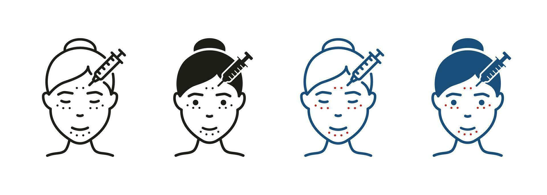 femme faciale injection ligne et silhouette icône ensemble. cosmétologie peau se soucier pour visage pictogramme. remplissage, acide, mésothérapie, anti vieillissement procédure symbole collection. isolé vecteur illustration.