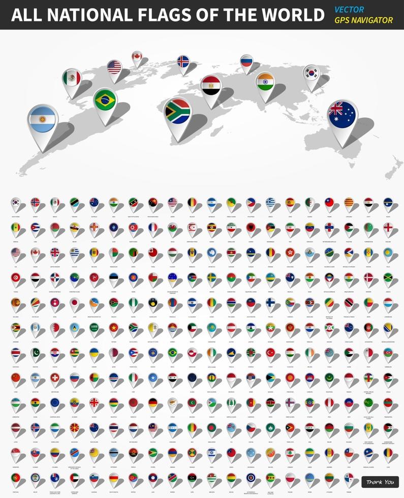 tous les drapeaux nationaux officiels du monde. goupille de localisation du navigateur gps sur la carte de la terre en perspective sur fond blanc. vecteur