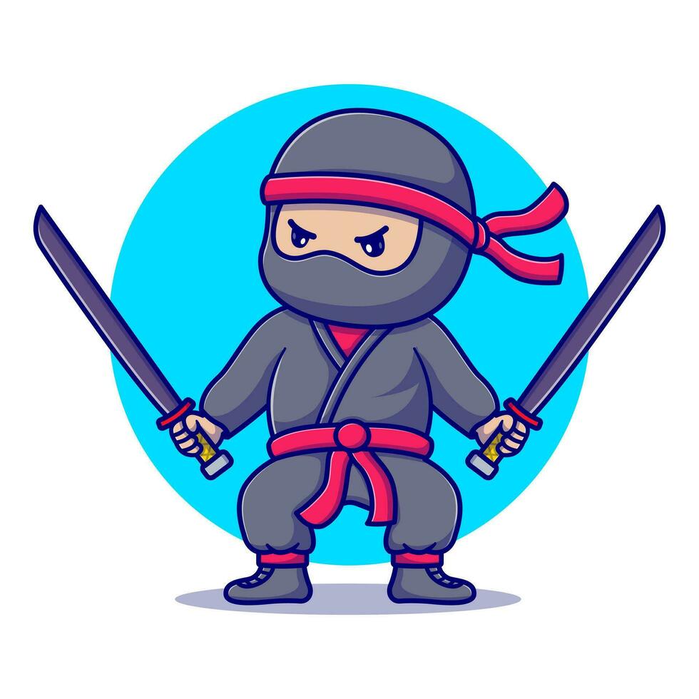 mignonne ninja avec deux épées vecteur dessin animé illustration