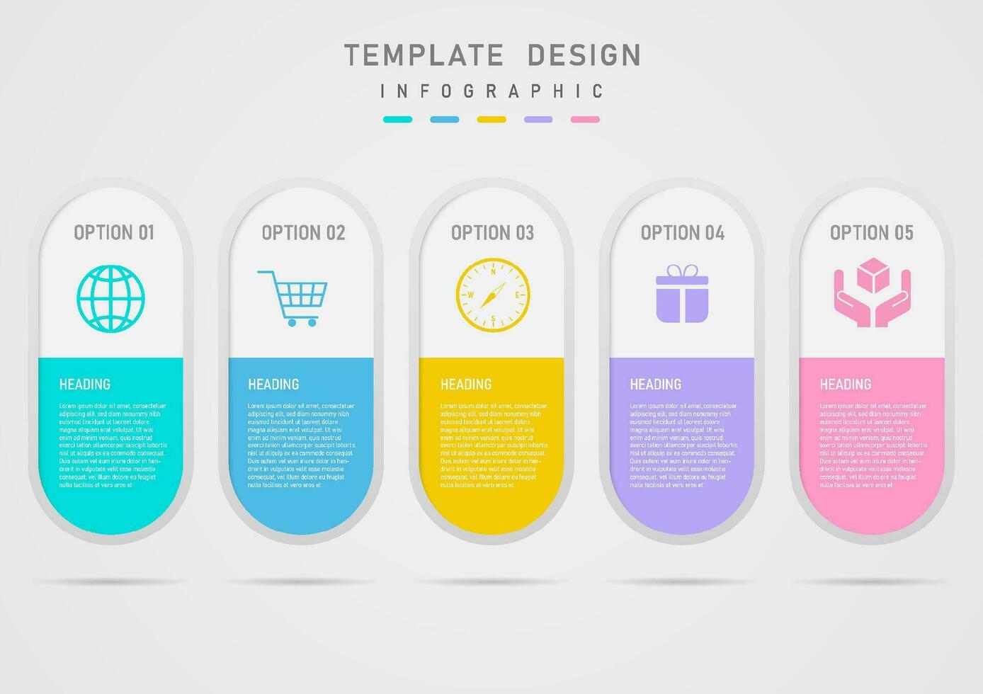 infographie 5 affaires les options modèles conception arrondi capsules multi Couleur pastel Couleur Icônes sur blanc Contexte au-dessus de. le des lettres au dessous de le gris pente Contexte. vecteur