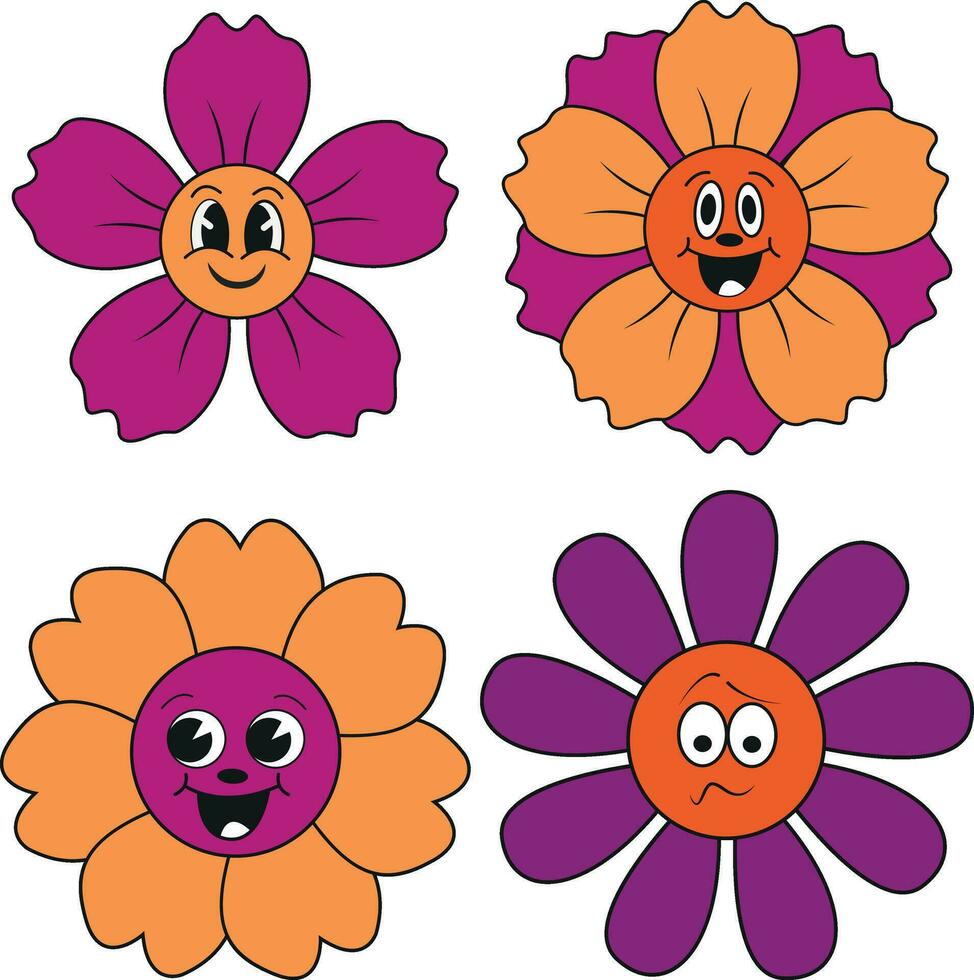 sensationnel fleur rétro. marrant content Marguerite avec yeux et sourire. autocollant pack dans branché rétro trippant style. isolé vecteur illustration.