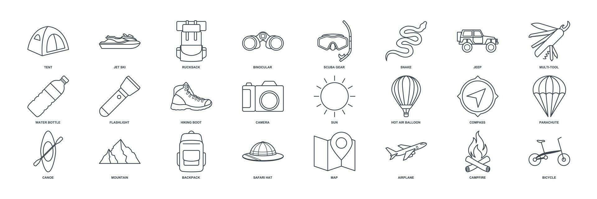 aventure icône ensemble, été camping voyage symboles collection, logo illustrations, tourisme ou randonnée signe paquet isolé vecteur illustration