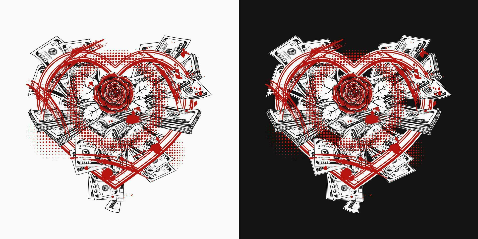 composition avec paquet de en espèces argent dans cœur en forme de cadre, épanouissement rouge Rose dans centre. concept de l'amour de argent. poubelle polka style. vecteur