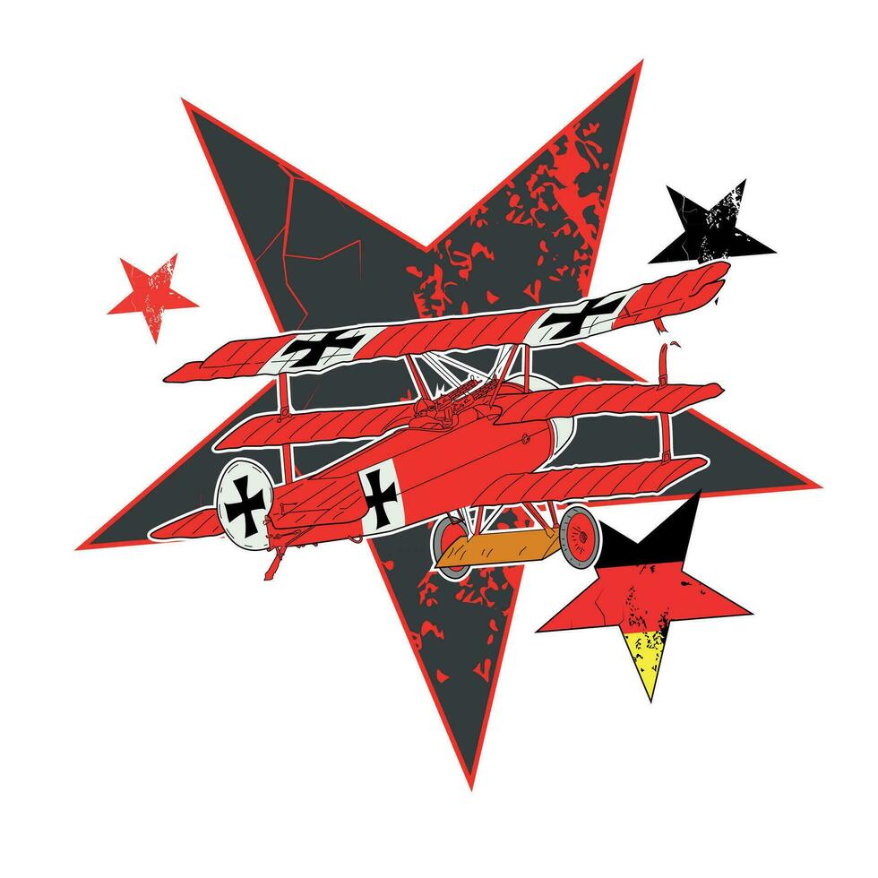 T-shirt conception de un vieux rouge avion sur étoiles avec le couleurs de le allemand drapeau. vecteur illustration de guerre thèmes.