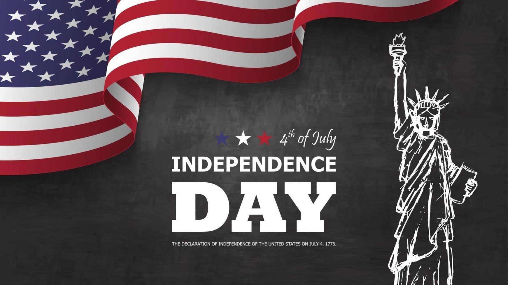 4 juillet joyeux jour de l'indépendance de l'arrière-plan américain. statue de la liberté dessin dessin avec texte et agitant le drapeau américain au coin sur la texture du tableau. vecteur