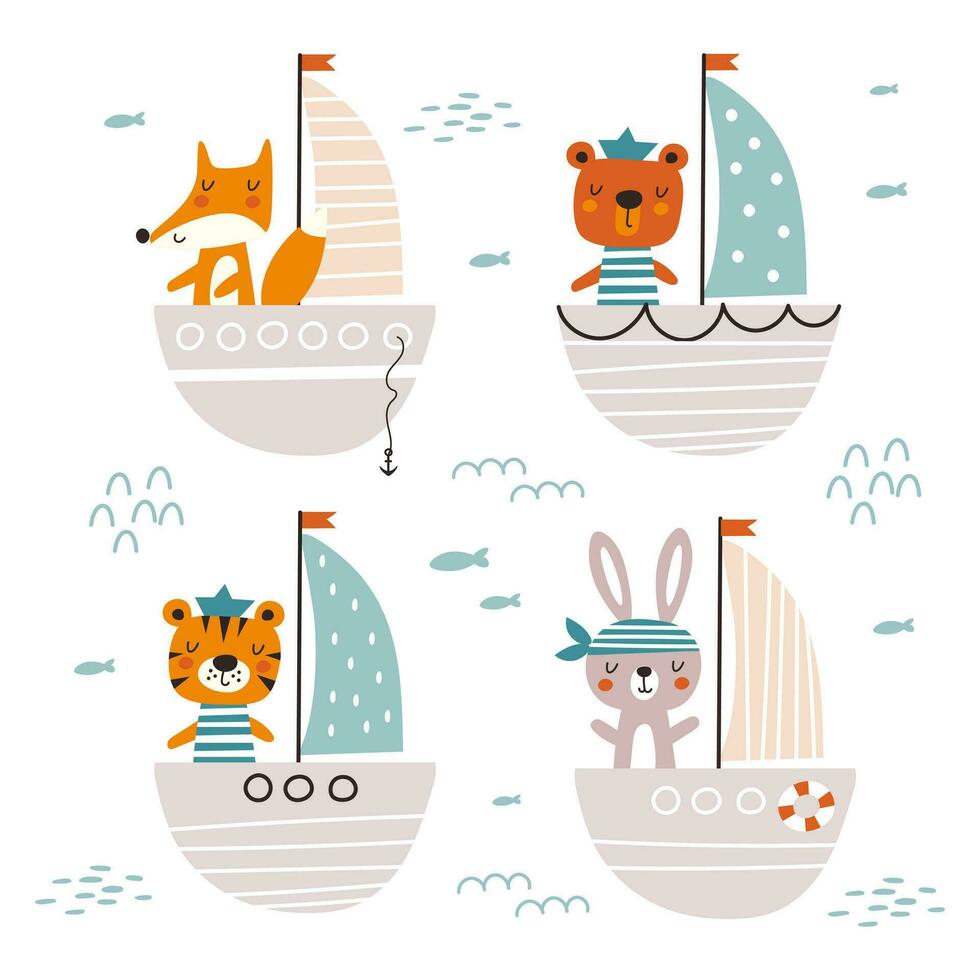 ensemble dessin animé animaux en voyageant par bateau. vecteur illustration