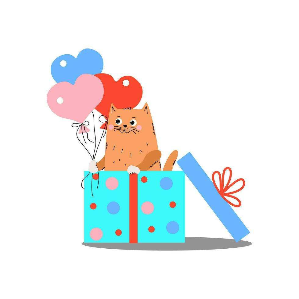 chaton avec des ballons. chat dans une cadeau boîte. une bouquet de des ballons dans le forme de une cœur. vecteur illustration sur isolé Contexte.