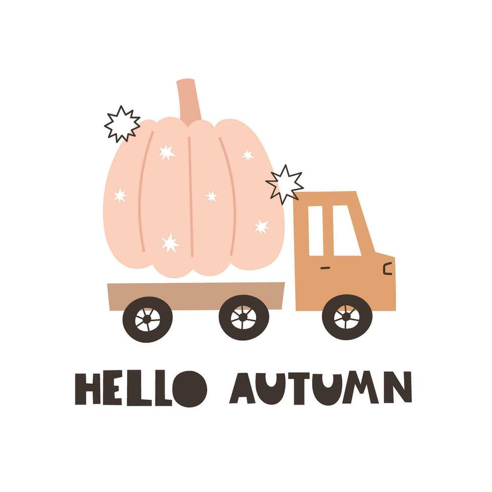 Bonjour l'automne. dessin animé citrouilles, décoratif éléments. saison, la nature thème. coloré vecteur illustration, plat style. conception pour cartes, T-shirt imprimer, affiche