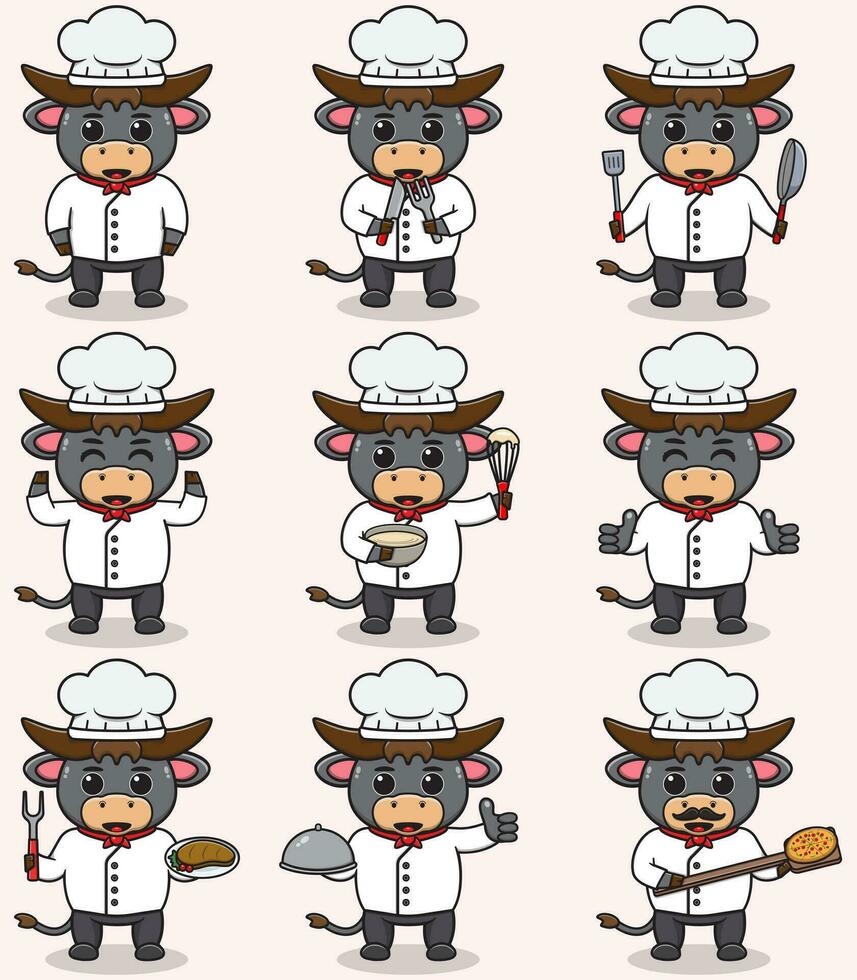 vecteur illustration de mignonne buffle portant chef uniforme. plat dessin animé style. ensemble de mignonne animal personnages dans chef uniforme. vecteur illustration dans isolé Contexte