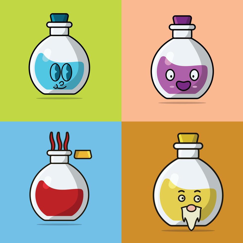 collection de potion bouteilles avec dessin animé visage vecteur illustration. science objet icône concept. Halloween potion icône. Halloween boisson conception. dessin animé personnage boisson bouteilles vecteur conception.