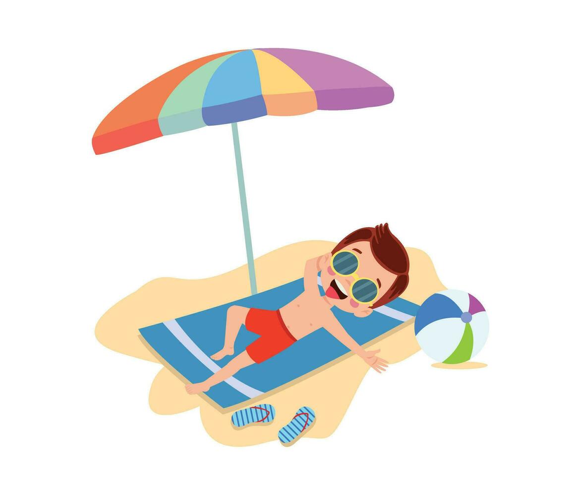 enfant sur plage serviette en dessous de parapluie, plat dessin animé vecteur illustration isolé