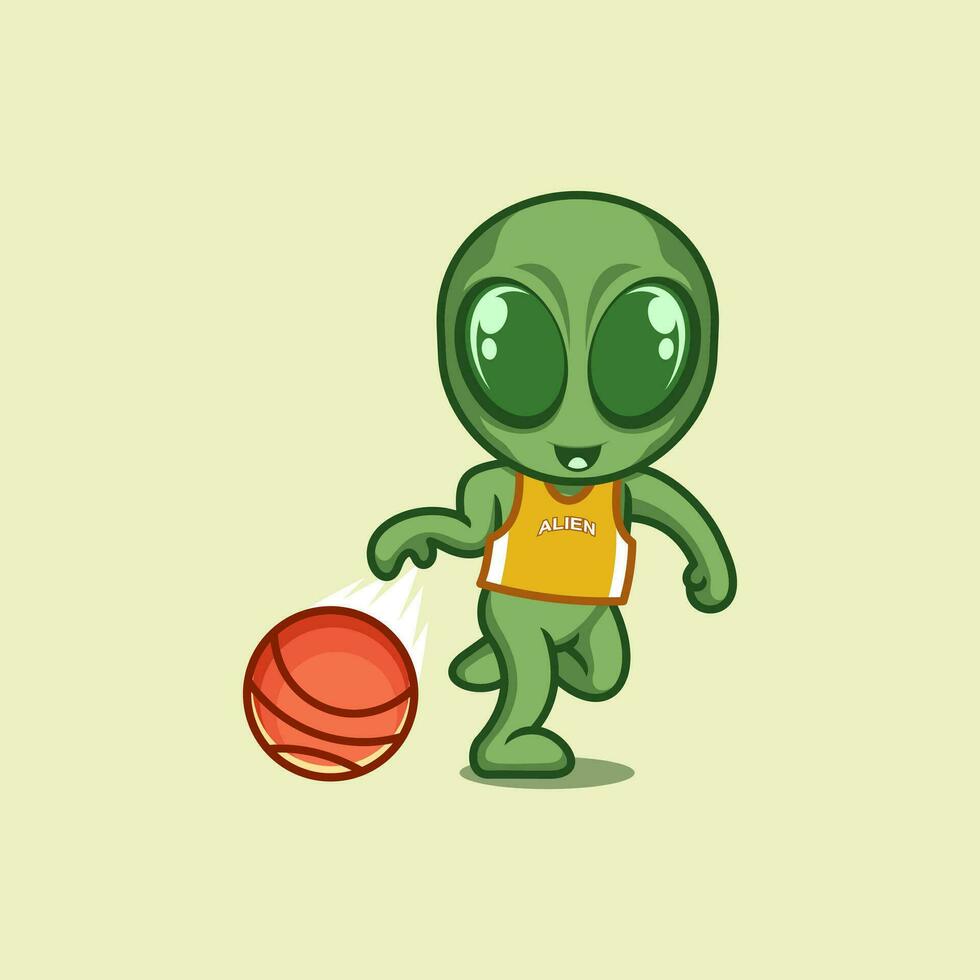 mignonne dessin animé extraterrestre en jouant basketball vecteur