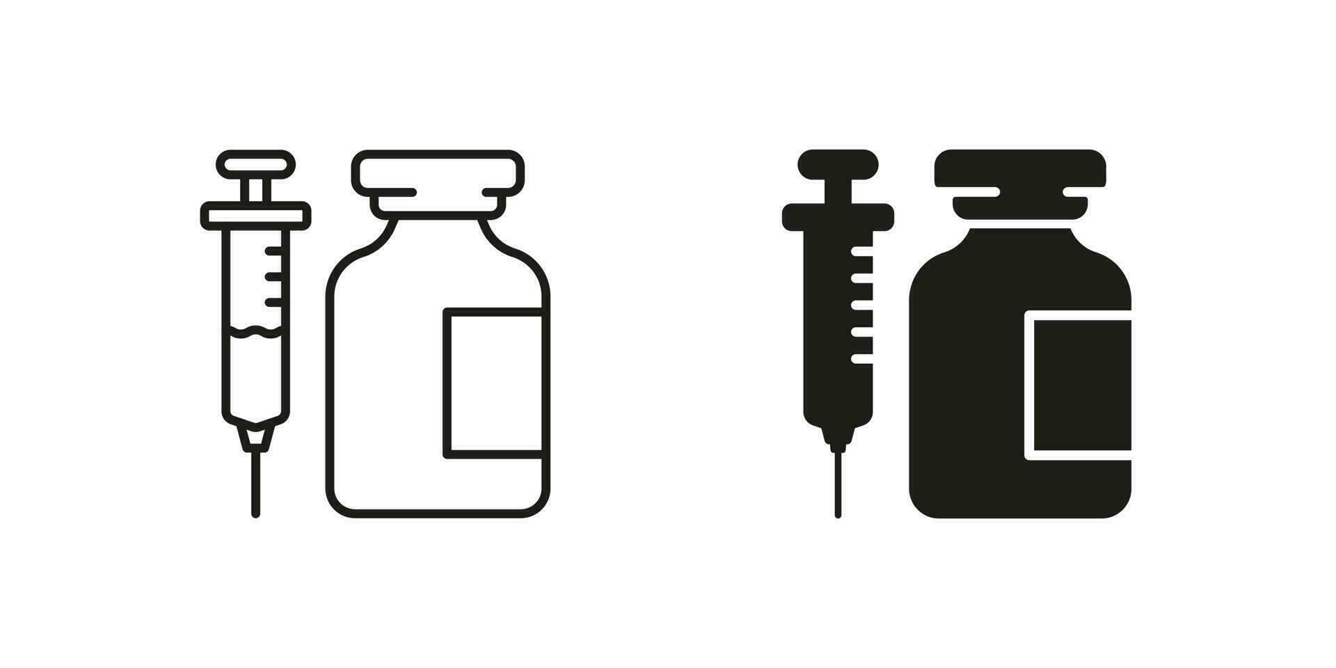 médical verre bouteille et seringue ligne et silhouette noir icône ensemble. insuline dose dans Fiole pictogramme. injection, injecter traitement, grippe vaccination symbole collection. isolé vecteur illustration.