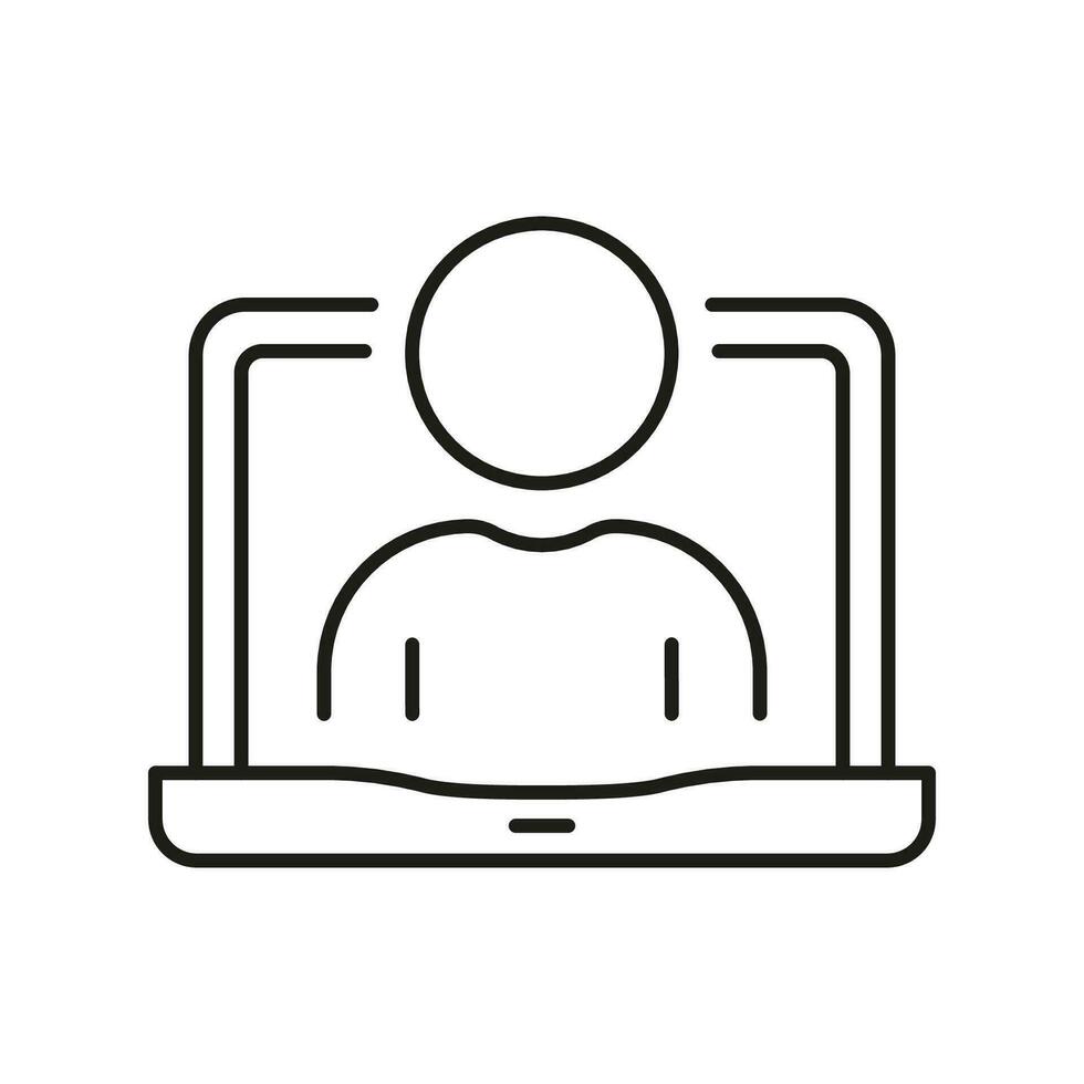 la personne dans portable ligne icône, en ligne vidéo conférence. ordinateur utilisateur, affaires réseau linéaire pictogramme. éloigné employé contour symbole. modifiable accident vasculaire cérébral. isolé vecteur illustration.