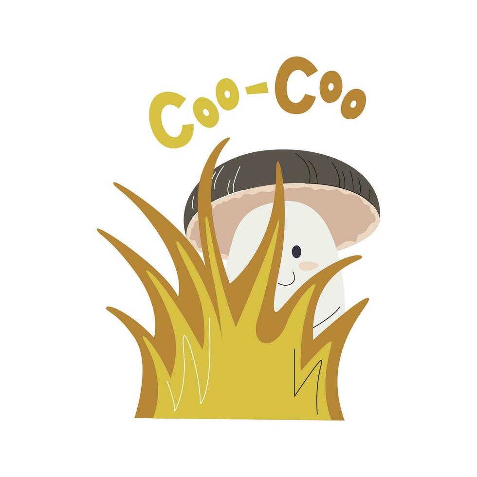 champignon personnage conception avec manuscrit caractères coucou. jolie champignons cache dans Jaune herbe. l'automne saisonnier mascotte. cèpes personnage main tiré plat vecteur illustration isolé sur blanc