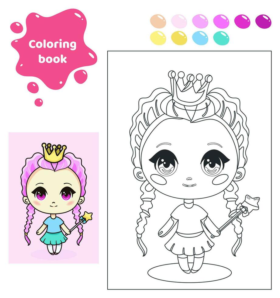 coloration livre pour enfants. feuille de travail pour dessin avec dessin animé anime fille. mignonne Princesse avec couronne et la magie baguette magique. coloration page avec Couleur palette pour les enfants. vecteur illustration.