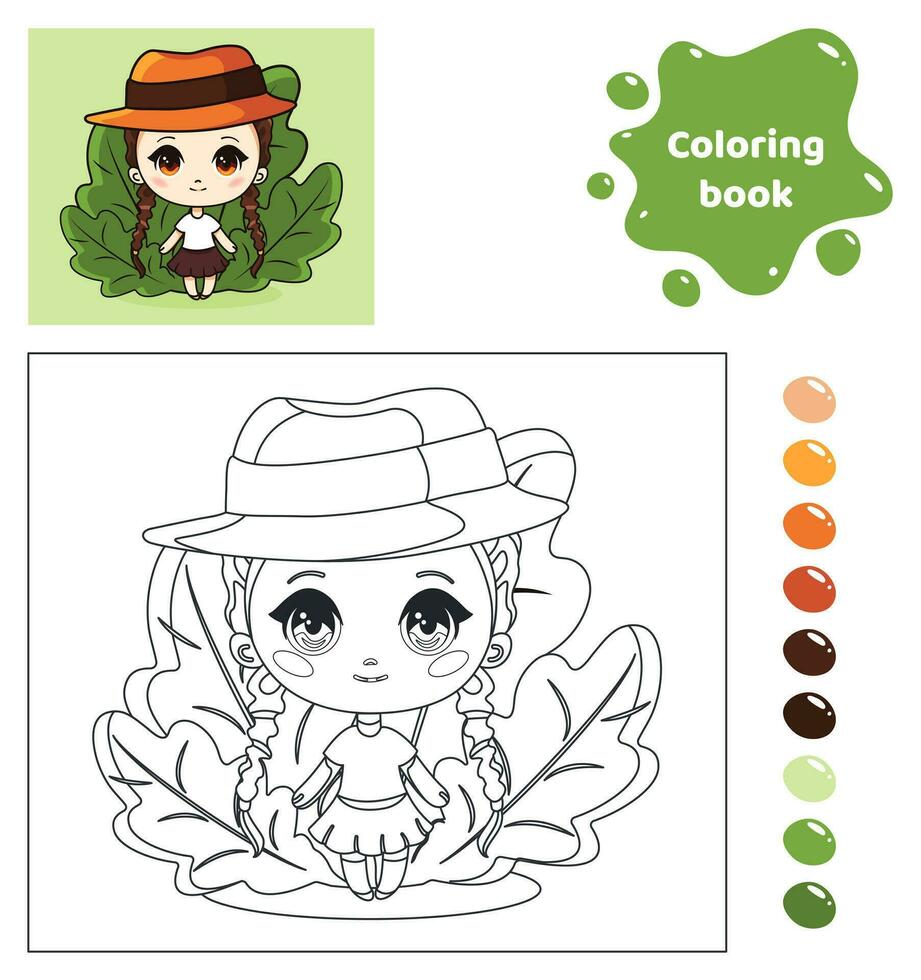 coloration livre pour enfants. feuille de travail pour dessin avec dessin animé anime fille dans une chapeau. mignonne enfant avec nattes et feuilles. coloration page avec Couleur palette pour les enfants. vecteur illustration.