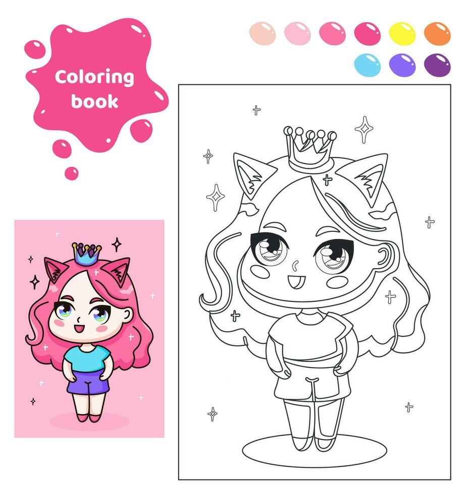 coloration livre pour enfants. feuille de travail pour dessin avec dessin animé anime fille. mignonne Princesse avec couronne et rose cheveux. coloration page avec Couleur palette pour les enfants. vecteur illustration.