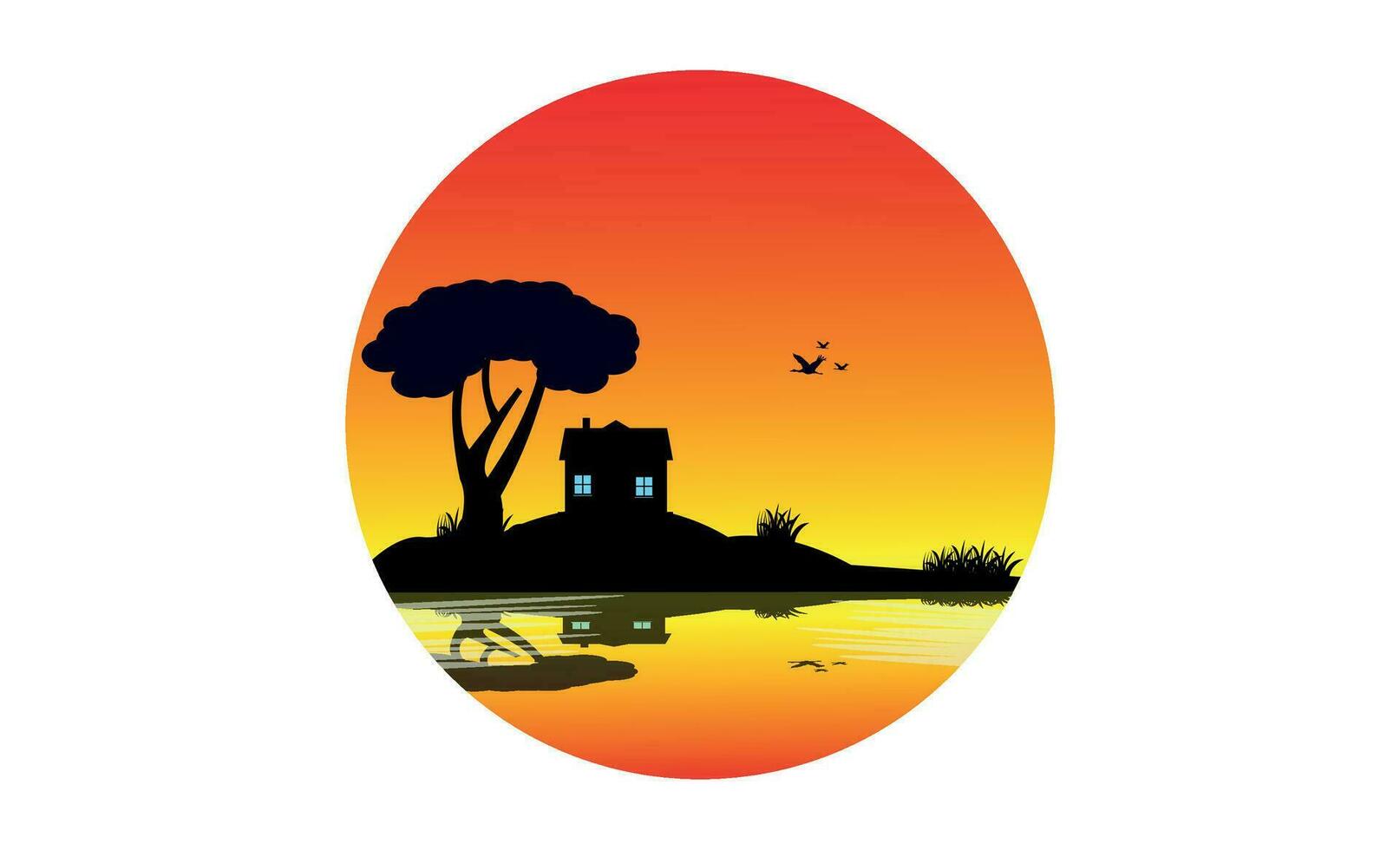 rond vecteur isolé silhouette, de une Accueil et foncé rouge ciel le coucher du soleil oiseau et arbre herbe et lac.