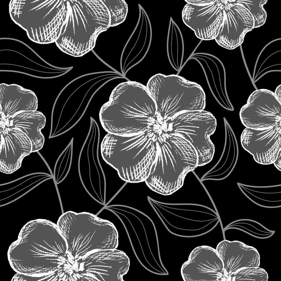 floral sans couture modèle. monochrome branché impression main tiré fleurs et feuilles. moderne conception pour tissu, textile, emballage papier vecteur