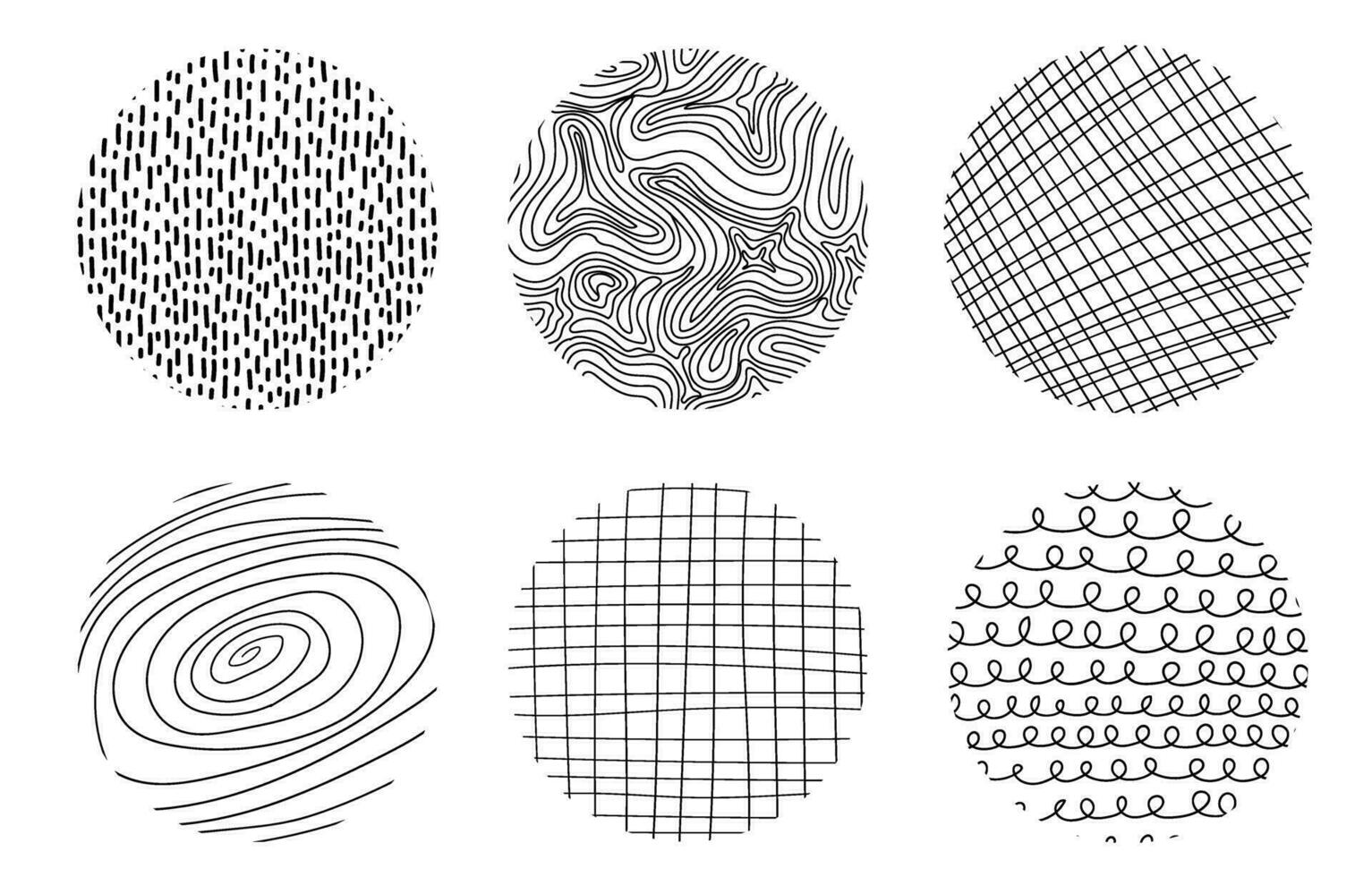 ensemble de abstrait texturé cercles. main tiré griffonnage formes. taches, gouttes, courbes, lignes. contemporain branché conception éléments pour affiches, bannières, social médias modèles. vecteur