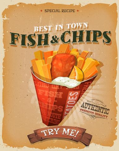 Affiche de poisson et frites vintage grunge vecteur