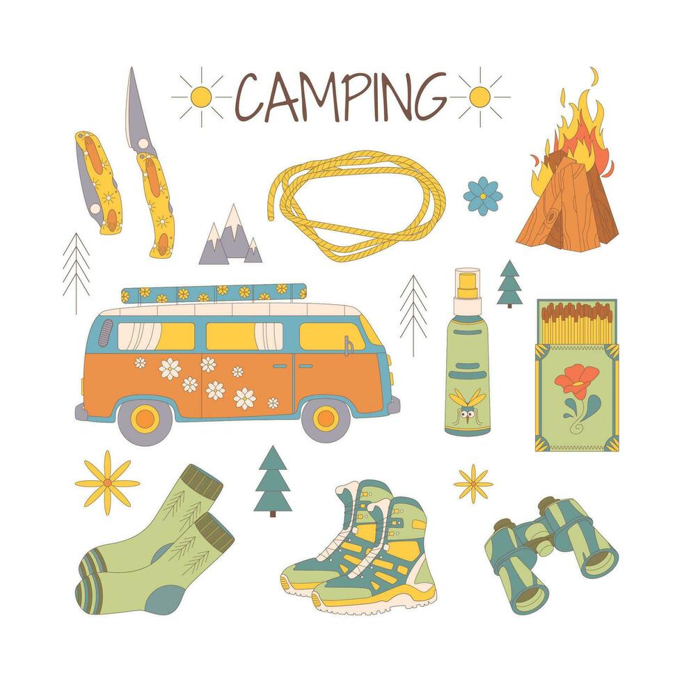 camping et randonnée ensemble, tiré éléments couteau, allumettes, feu, van, moustique vaporisateur, jumelles. vecteur
