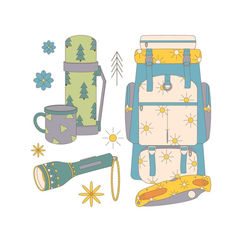 camping et randonnée ensemble, tiré éléments thermos, sac à dos, lampe de poche, couteau. vecteur