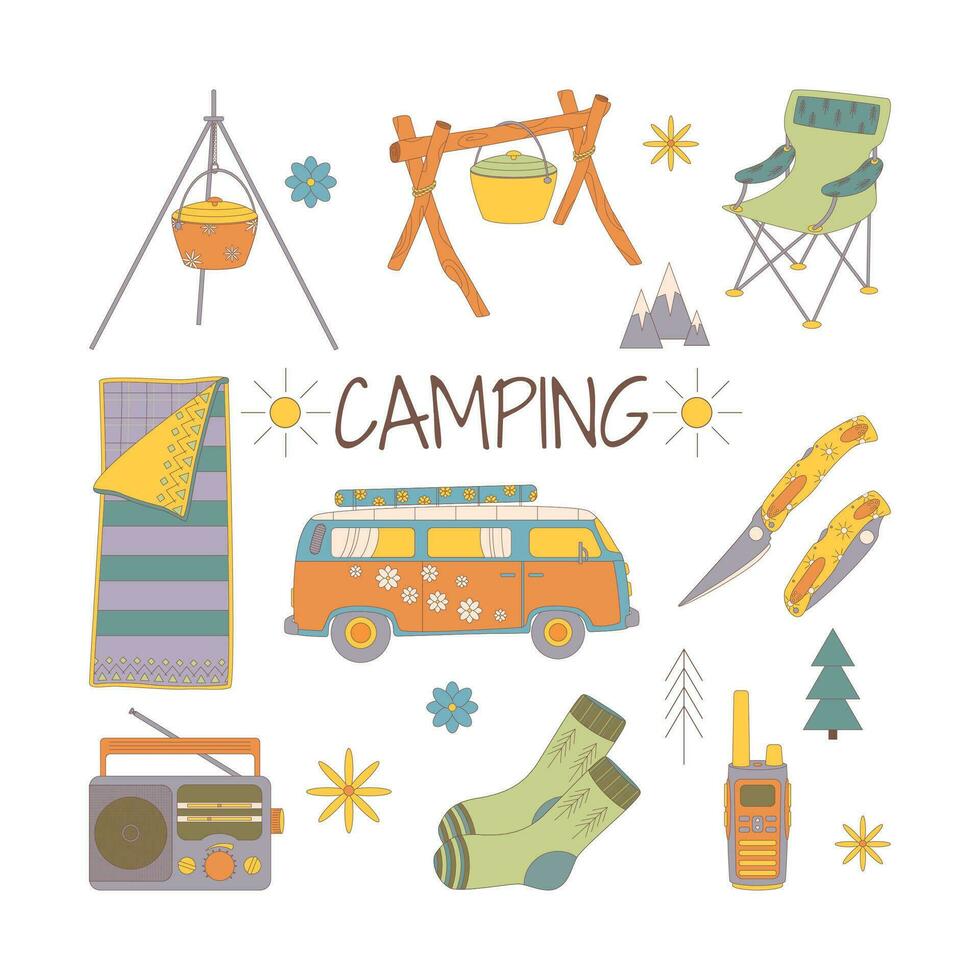 camping et randonnée ensemble, tiré éléments chaudron, couteau, dormeur, van, radio, chaussettes. vecteur